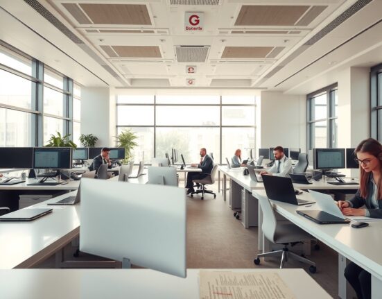 Workers in a modern office environment typing on computers, representing private-sector employment trends