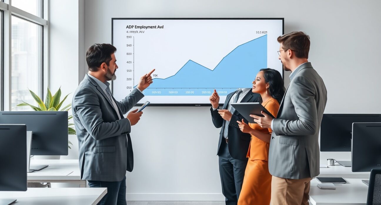 Analysts reviewing the rising ADP Employment Change 4-week average data chart in a professional office setting.