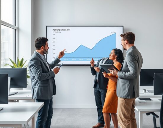 Analysts reviewing the rising ADP Employment Change 4-week average data chart in a professional office setting.