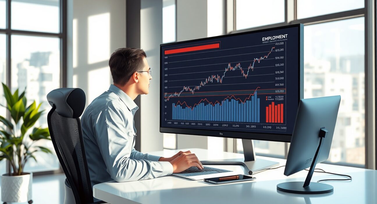 Analyst reviewing ADP employment data showing slowing labor market trends in professional office setting
