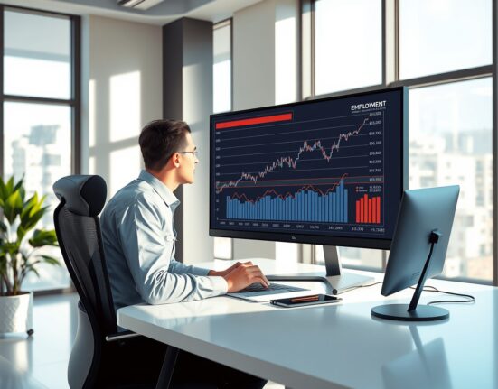 Analyst reviewing ADP employment data showing slowing labor market trends in professional office setting