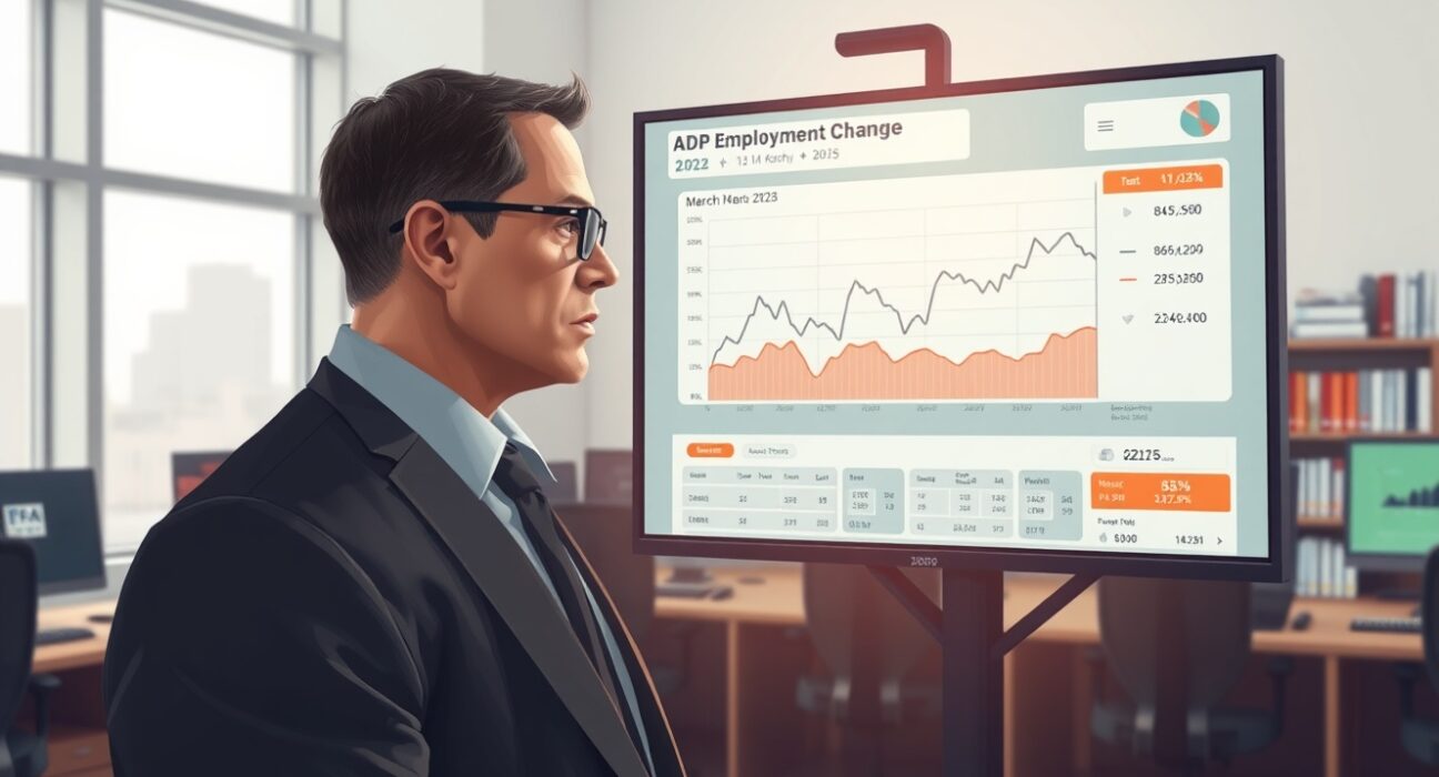 Economic analyst reviewing ADP Employment Change data showing subdued US job growth in March 2025
