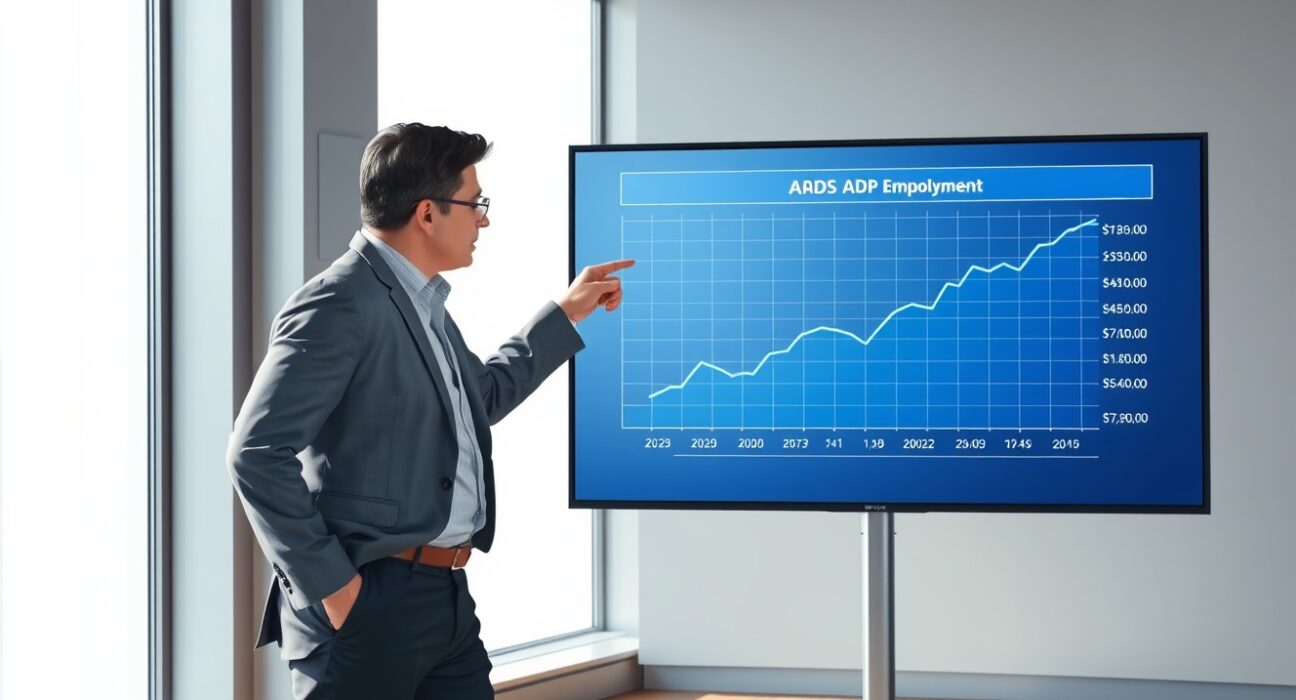 Economic analyst reviews ADP Employment Change data chart ahead of Nonfarm Payrolls report.