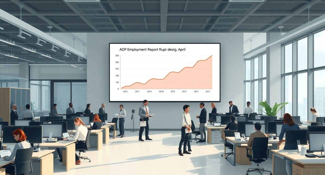 ADP Employment Report chart showing US job market momentum in April on an office screen with professionals working in background.