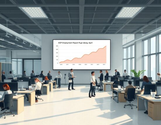 ADP Employment Report chart showing US job market momentum in April on an office screen with professionals working in background.