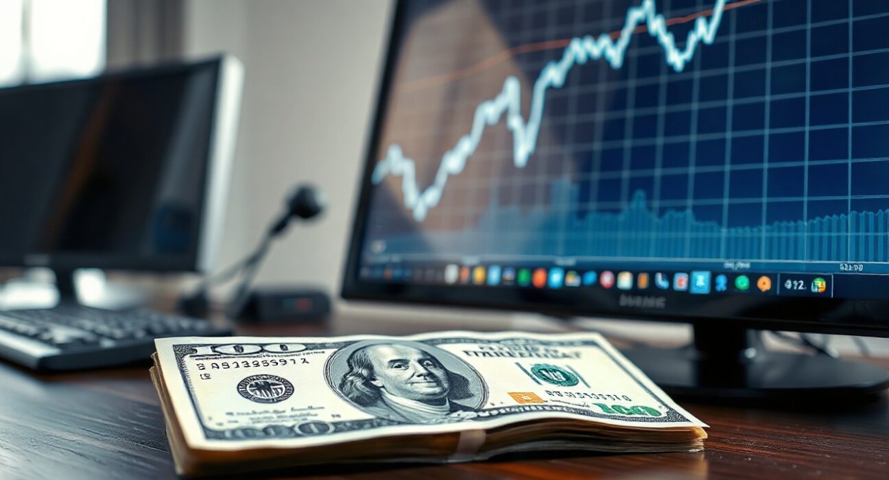 U.S. dollar banknote and computer monitor with an upward chart in a trading office, symbolizing the ADP report's impact on currency markets.