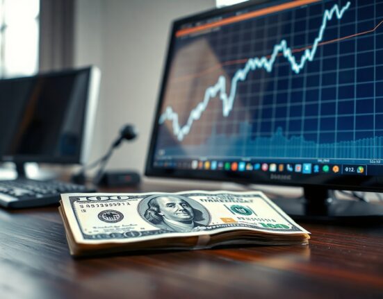 U.S. dollar banknote and computer monitor with an upward chart in a trading office, symbolizing the ADP report's impact on currency markets.