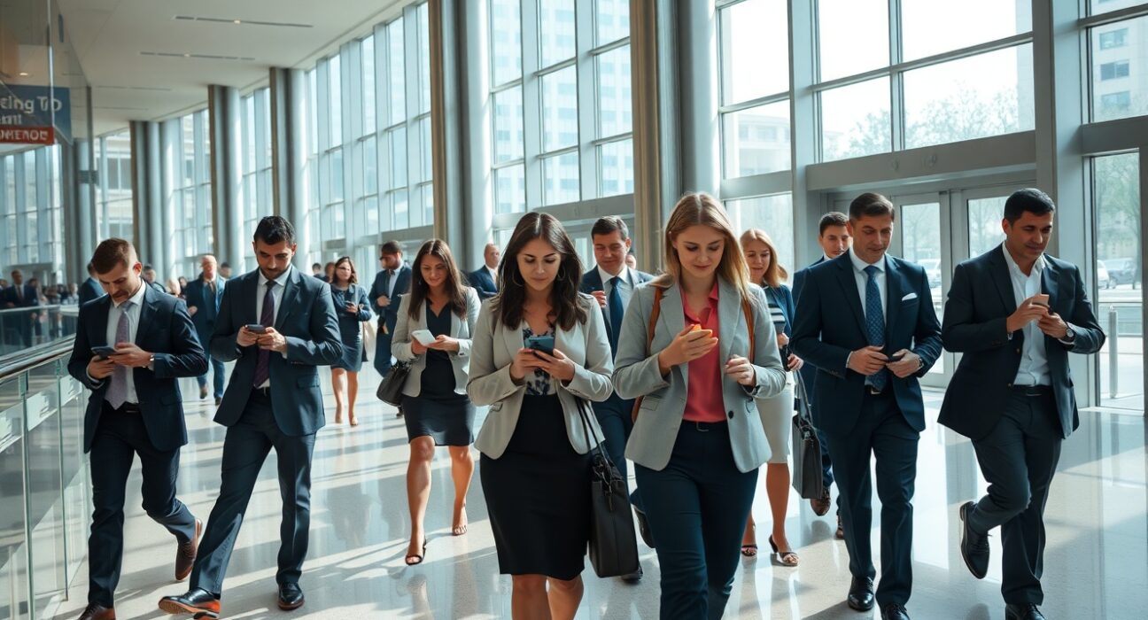 Professionals walking through a busy office lobby, representing the US labor market and employment trends.
