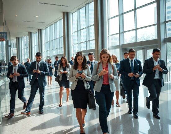 Professionals walking through a busy office lobby, representing the US labor market and employment trends.