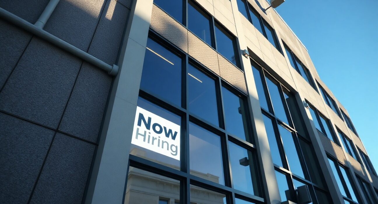 Office building with 'Now Hiring' sign, representing steady labor market conditions