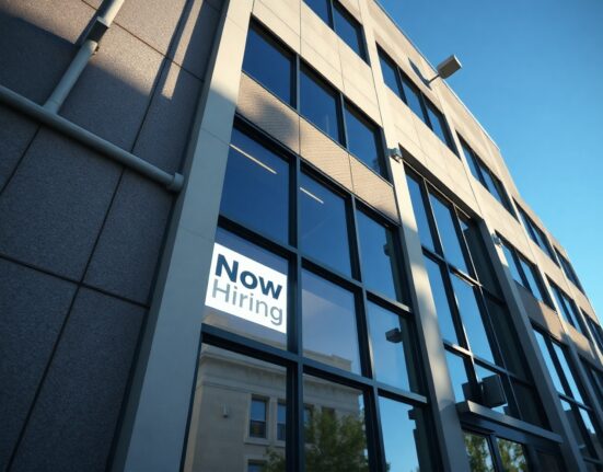 Office building with 'Now Hiring' sign, representing steady labor market conditions