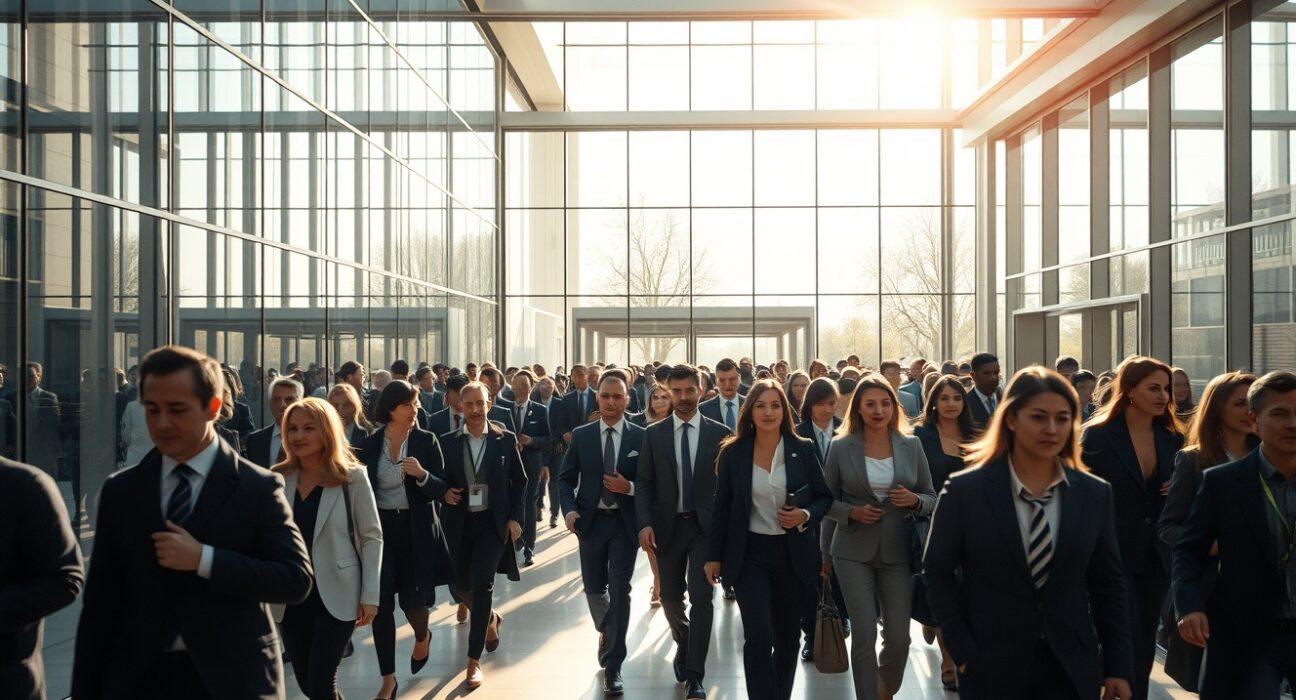 Professionals entering a modern office building during morning commute, representing strong hiring trends.