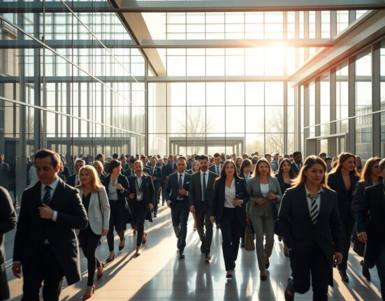 Professionals entering a modern office building during morning commute, representing strong hiring trends.