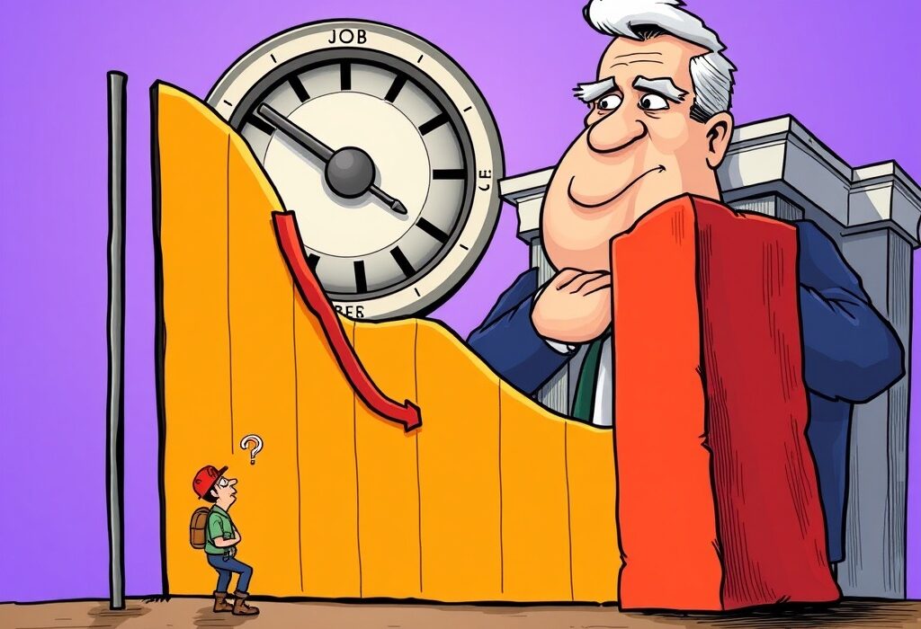 Cartoon showing a downward trend in US ADP non-farm employment data, signaling economic slowdown and influencing Federal Reserve decisions.