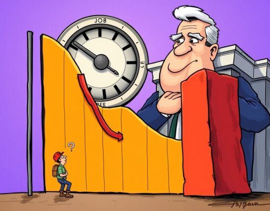 Cartoon showing a downward trend in US ADP non-farm employment data, signaling economic slowdown and influencing Federal Reserve decisions.