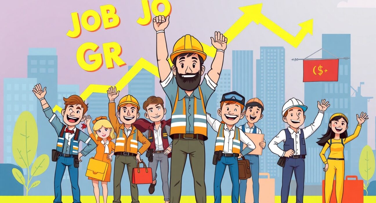 Cartoon illustration celebrating strong ADP non-farm payrolls growth with diverse workers and economic indicators