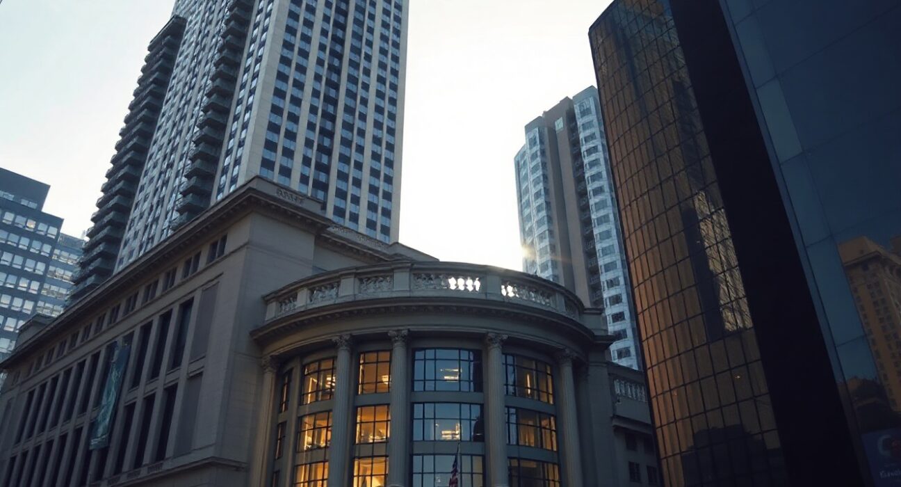 A financial district building with a stock ticker in the background, representing the upcoming ADP employment report.