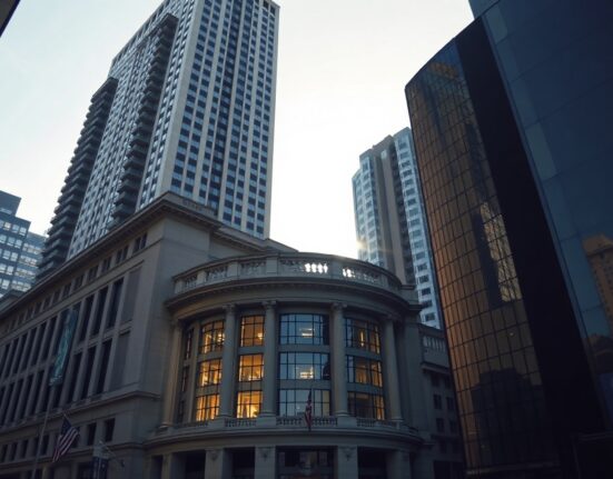 A financial district building with a stock ticker in the background, representing the upcoming ADP employment report.