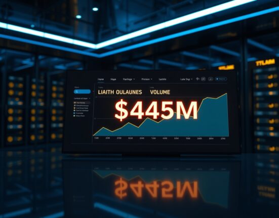 Digital dashboard showing AEON's $475 million on-chain transaction volume with upward trend chart