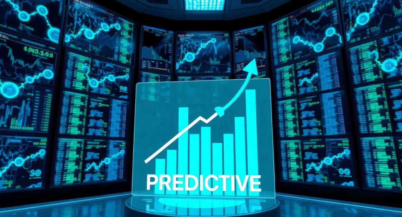 Aerodrome Predictive Allocation system digital interface with financial charts and network nodes