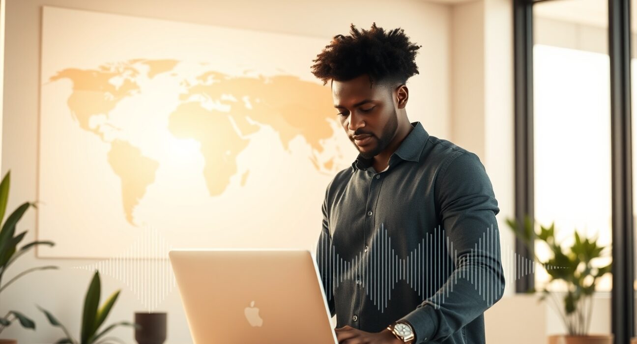 Co-founders of AethexAI working on voice AI technology in a modern office with a world map