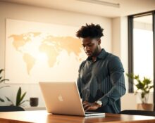 Co-founders of AethexAI working on voice AI technology in a modern office with a world map