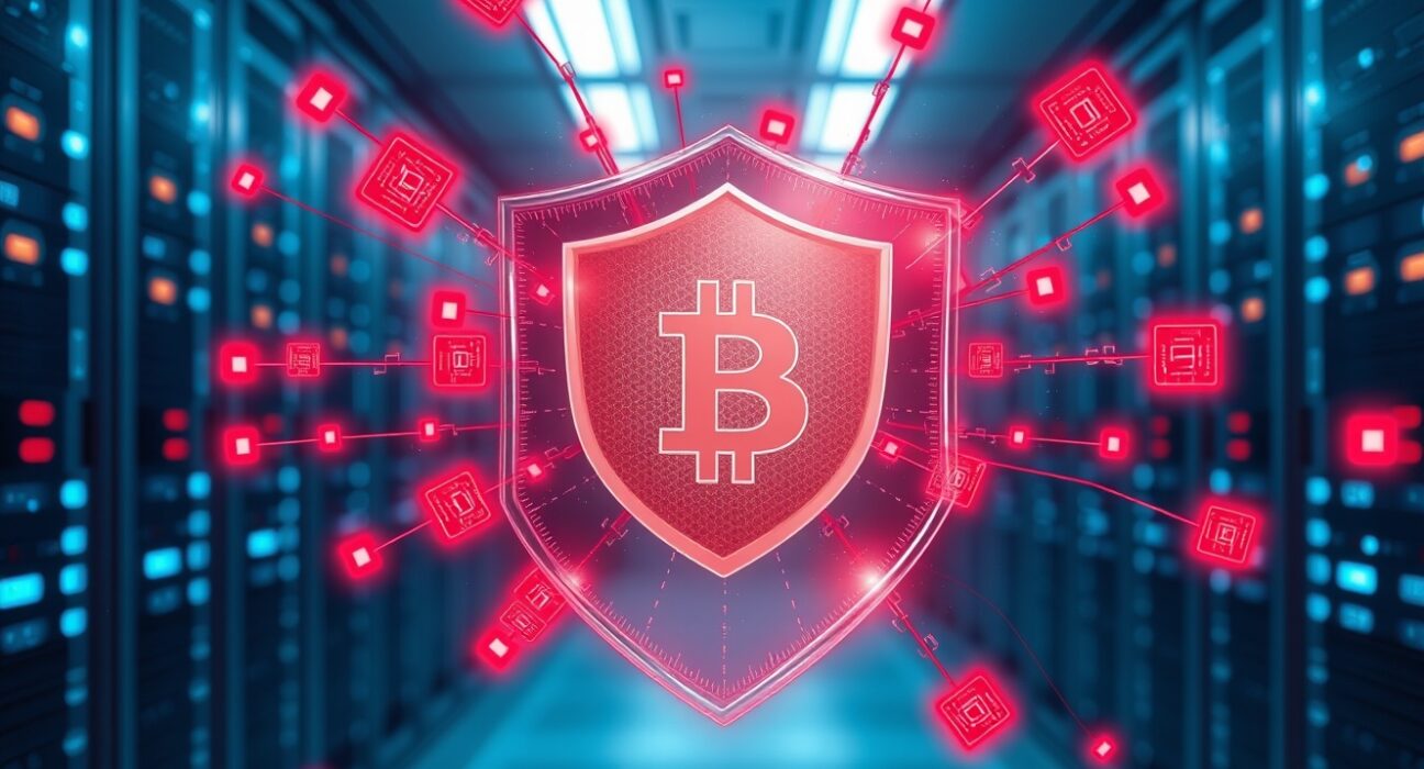 Aethir blockchain security shield blocking a cross-chain bridge vulnerability attack.