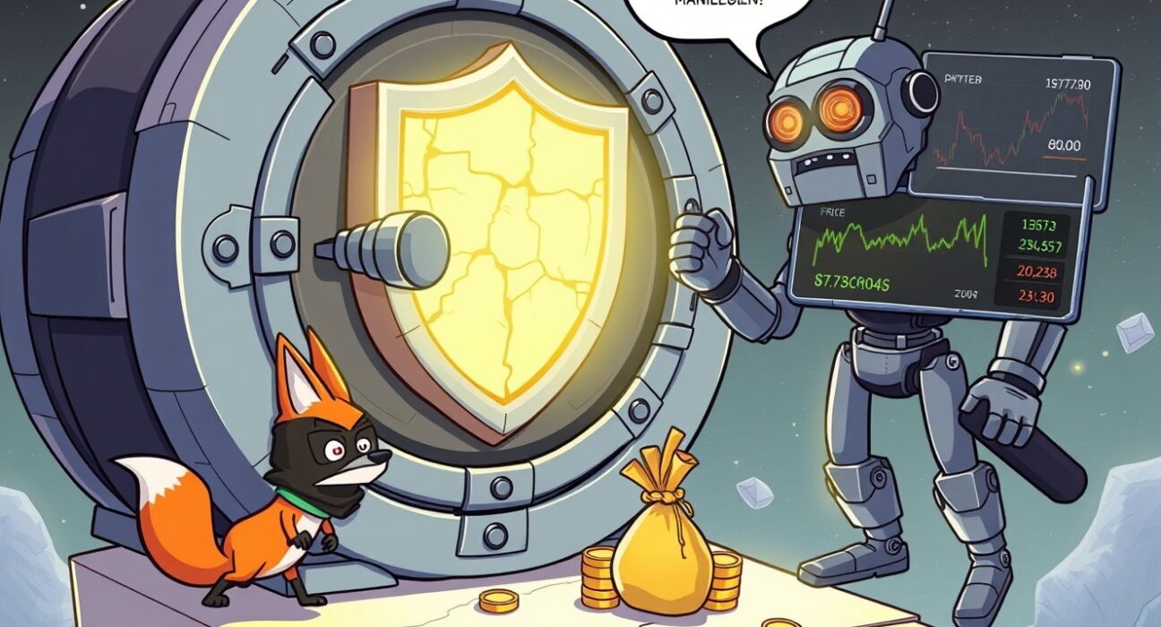 Cartoon illustration of the Aevo hack showing a digital vault breach due to an oracle vulnerability.