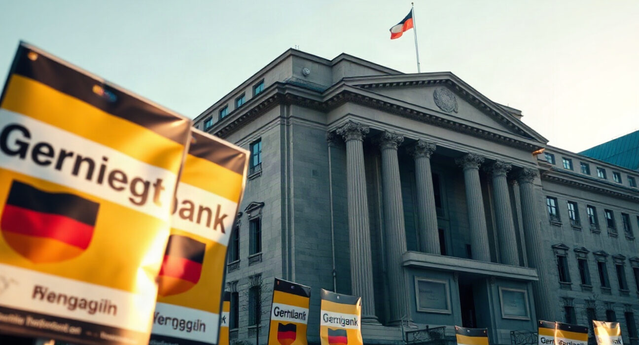 European Central Bank building in Frankfurt with German election posters in foreground