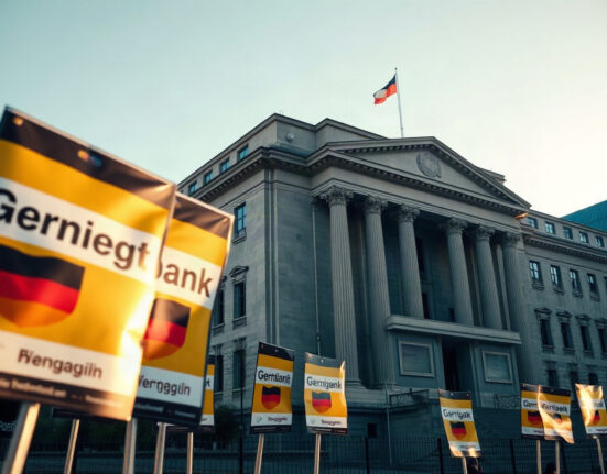 European Central Bank building in Frankfurt with German election posters in foreground