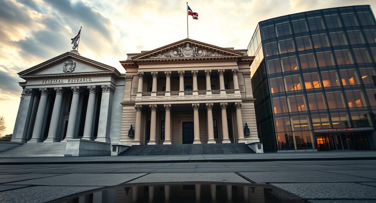 Three central bank buildings: Federal Reserve, Bank of England, and Bank of Japan at golden hour