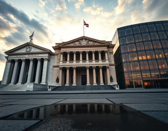Three central bank buildings: Federal Reserve, Bank of England, and Bank of Japan at golden hour