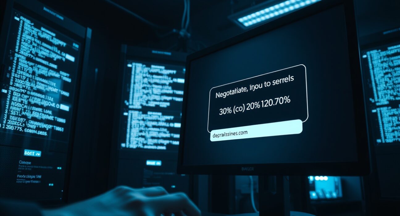 A dimly lit server room with monitors showing a blockchain negotiation message between AFX and a hacker.