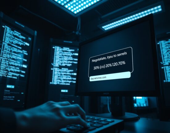 A dimly lit server room with monitors showing a blockchain negotiation message between AFX and a hacker.