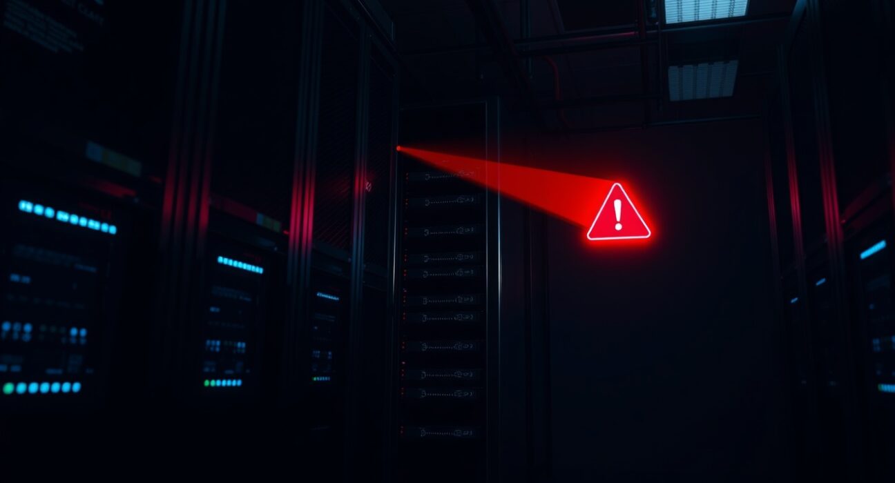 A digital representation of a blockchain server room with a red security alert, illustrating the AFX Trade exploit on Arbitrum.