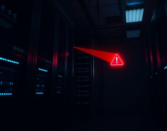A digital representation of a blockchain server room with a red security alert, illustrating the AFX Trade exploit on Arbitrum.