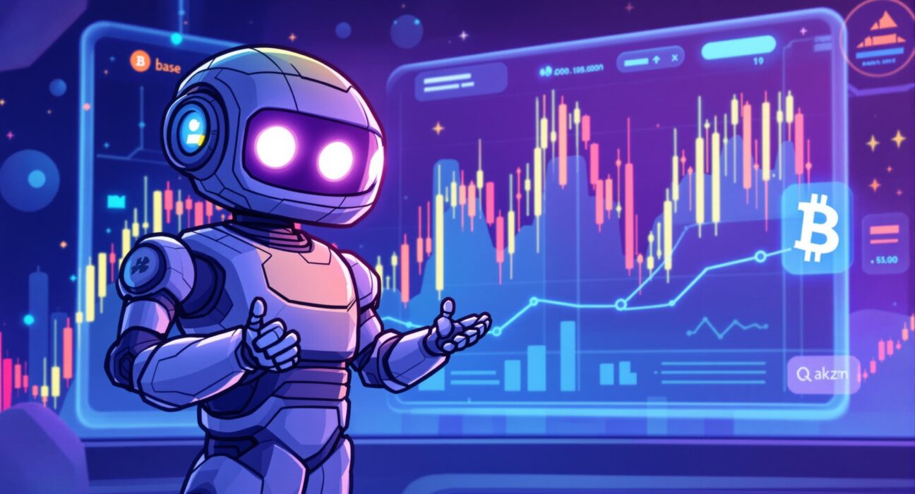 A cartoon illustration showing an AI robot confidently analyzing crypto charts, symbolizing the advanced capabilities of an agentic trading platform.