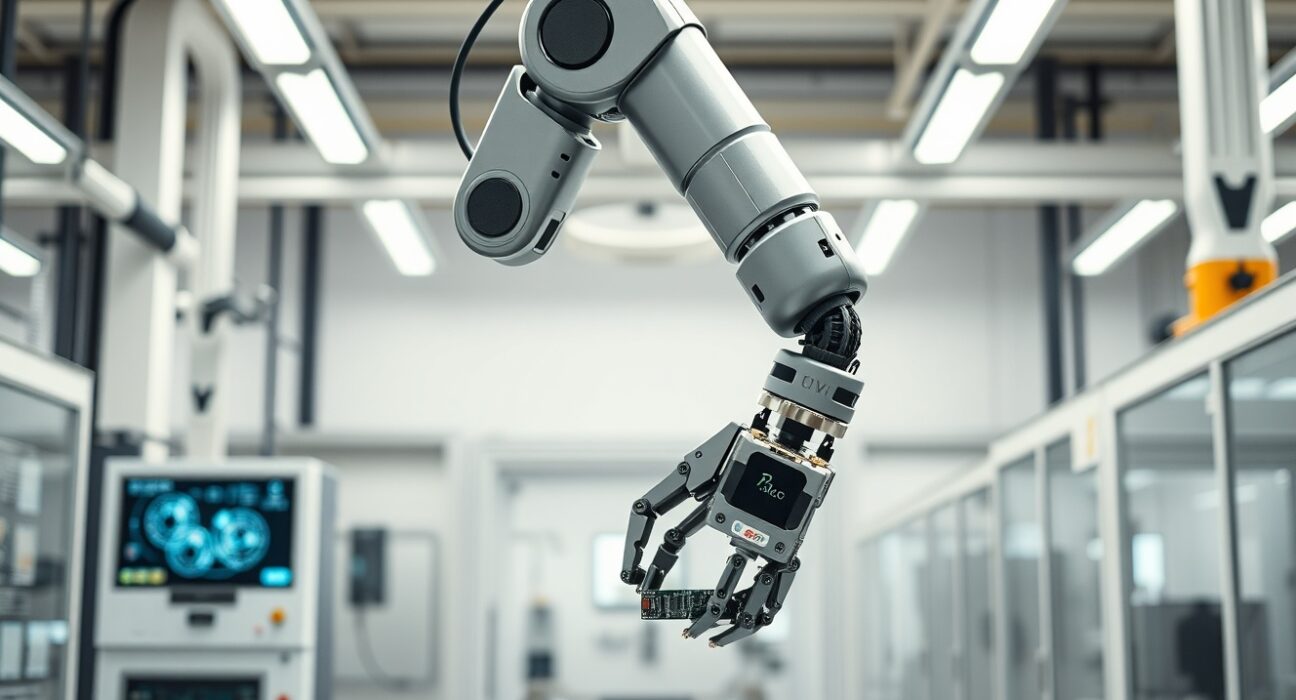 Industrial robotic arm using AI in a modern manufacturing facility, representing the Agile Robots and Google DeepMind partnership.