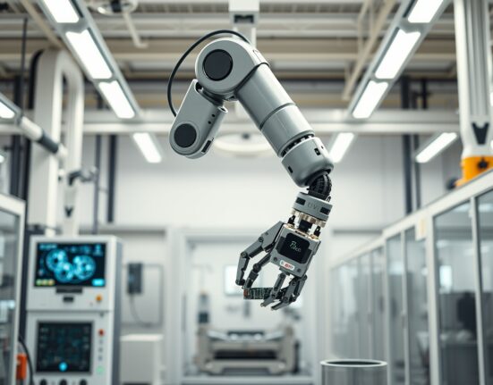Industrial robotic arm using AI in a modern manufacturing facility, representing the Agile Robots and Google DeepMind partnership.