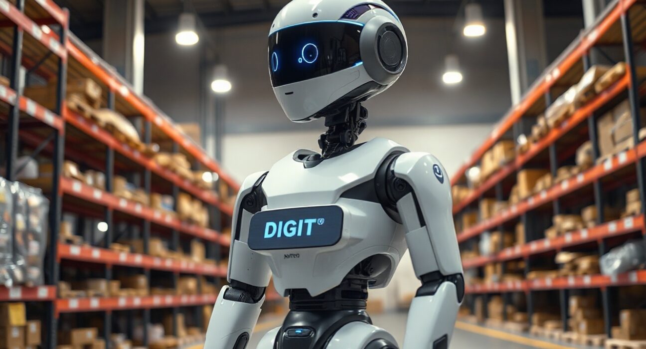 Digit humanoid robot by Agility Robotics standing in a warehouse setting