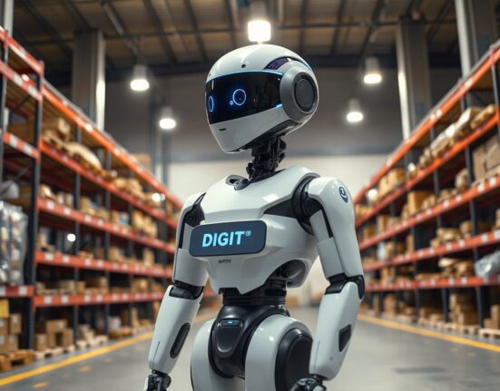 Digit humanoid robot by Agility Robotics standing in a warehouse setting