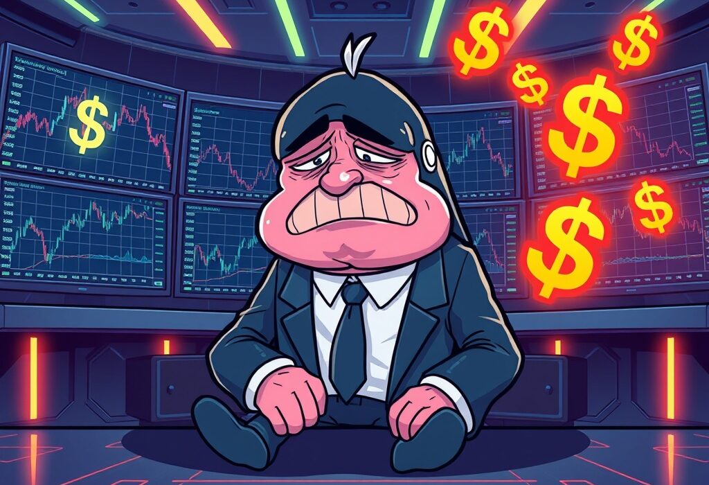Cartoon depiction of a whale trader experiencing significant AguilaTrades loss on a crypto exchange, symbolizing financial setbacks.