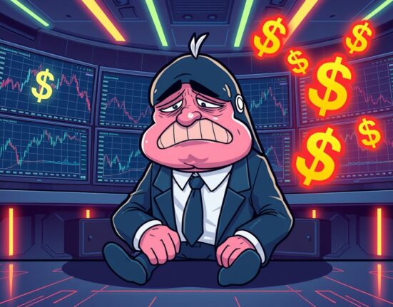 Cartoon depiction of a whale trader experiencing significant AguilaTrades loss on a crypto exchange, symbolizing financial setbacks.