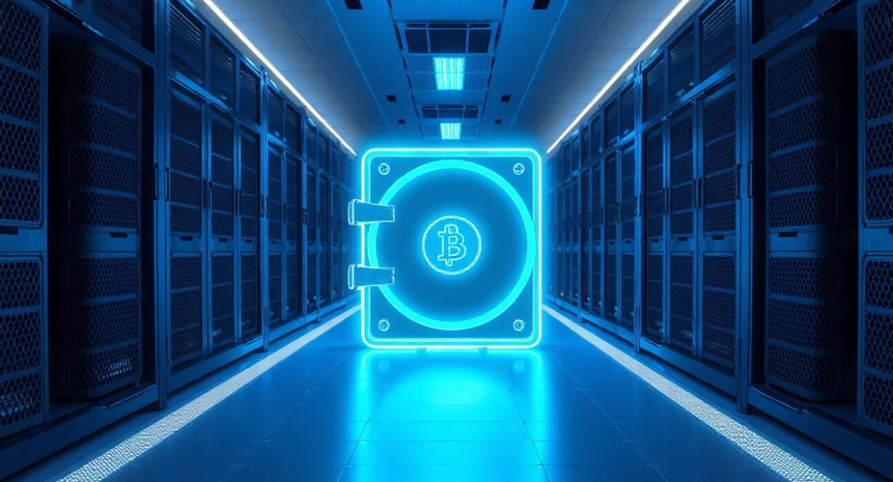 Secure data center with glowing digital vault icon representing institutional crypto custody service.