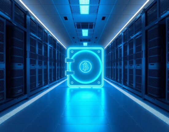 Secure data center with glowing digital vault icon representing institutional crypto custody service.