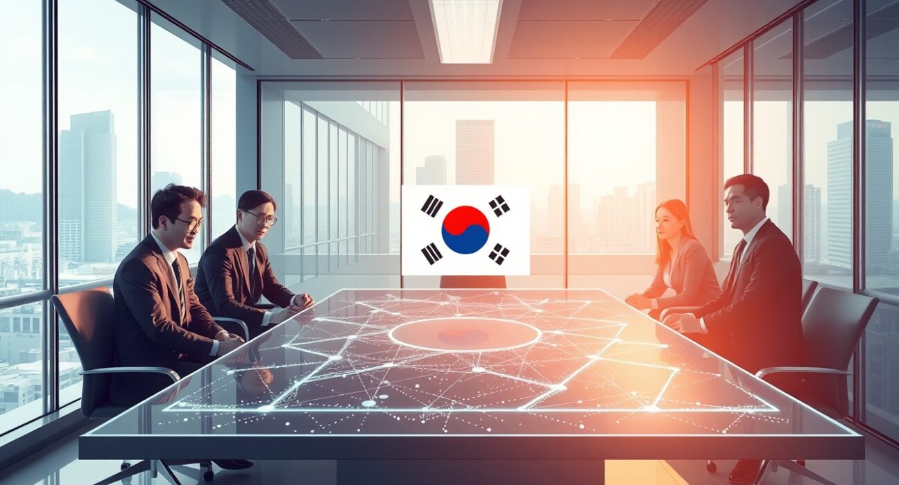 AhnLab Blockchain Company team meeting with holographic blockchain network display, representing VASP license approval for digital asset services in South Korea