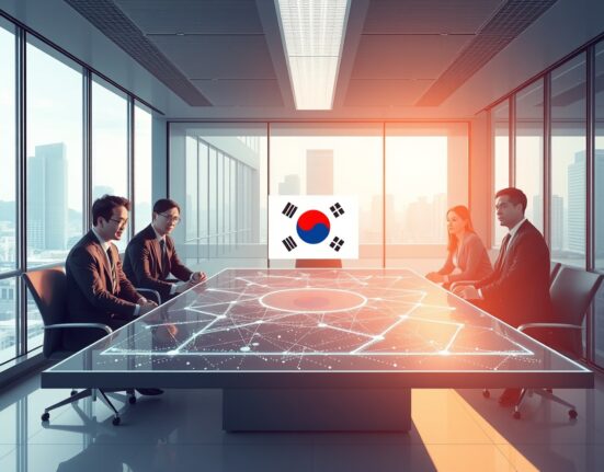 AhnLab Blockchain Company team meeting with holographic blockchain network display, representing VASP license approval for digital asset services in South Korea