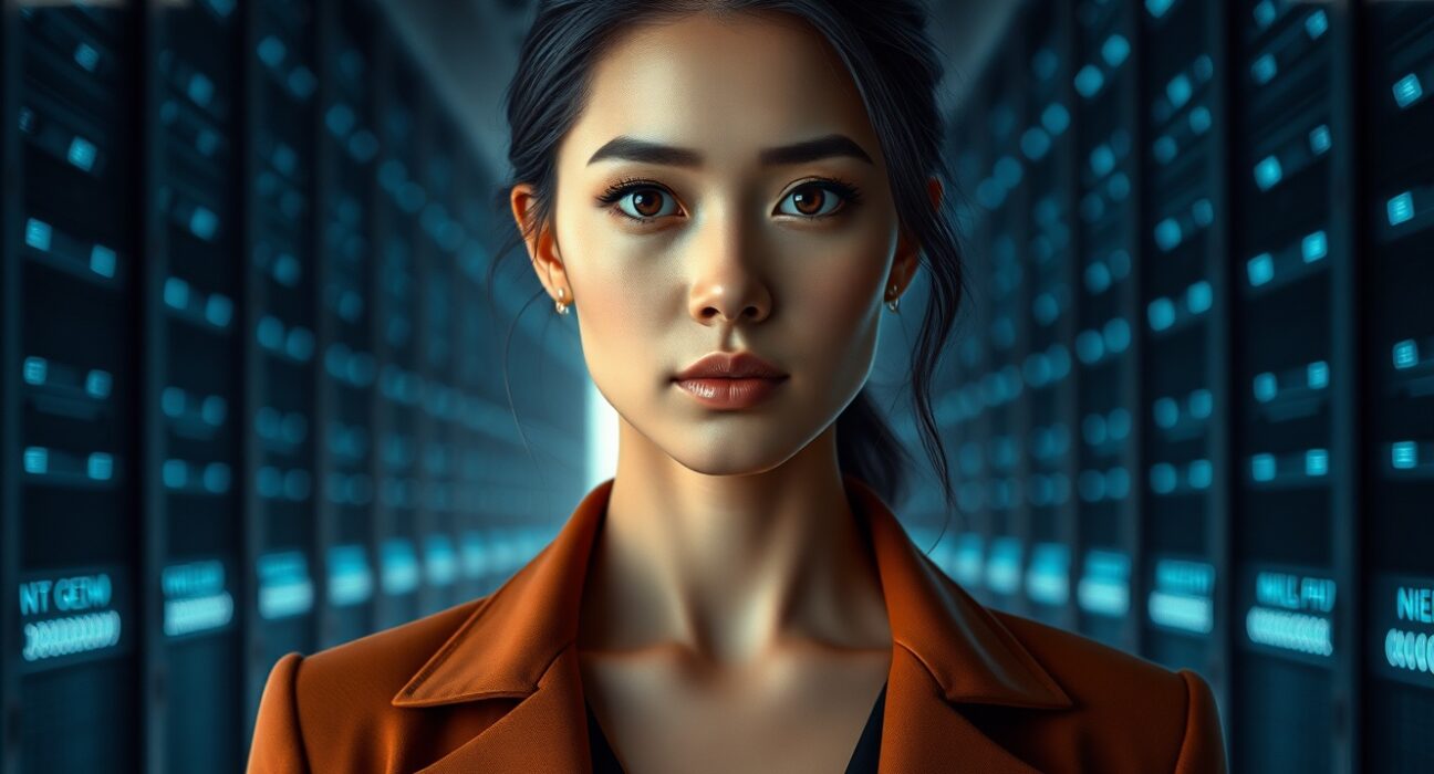 AI actor Tilly Norwood, a digital character, in a data center setting representing synthetic media creation.