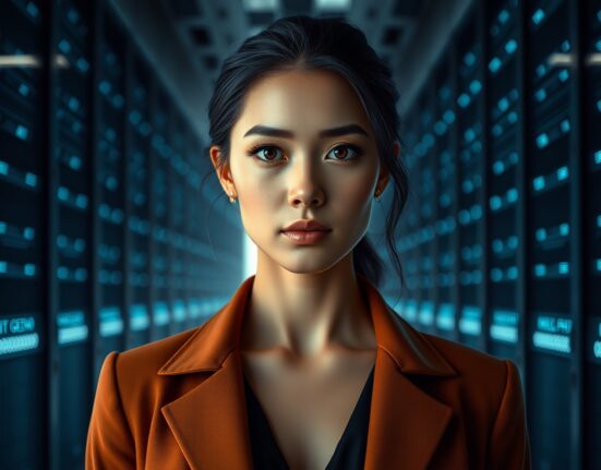AI actor Tilly Norwood, a digital character, in a data center setting representing synthetic media creation.