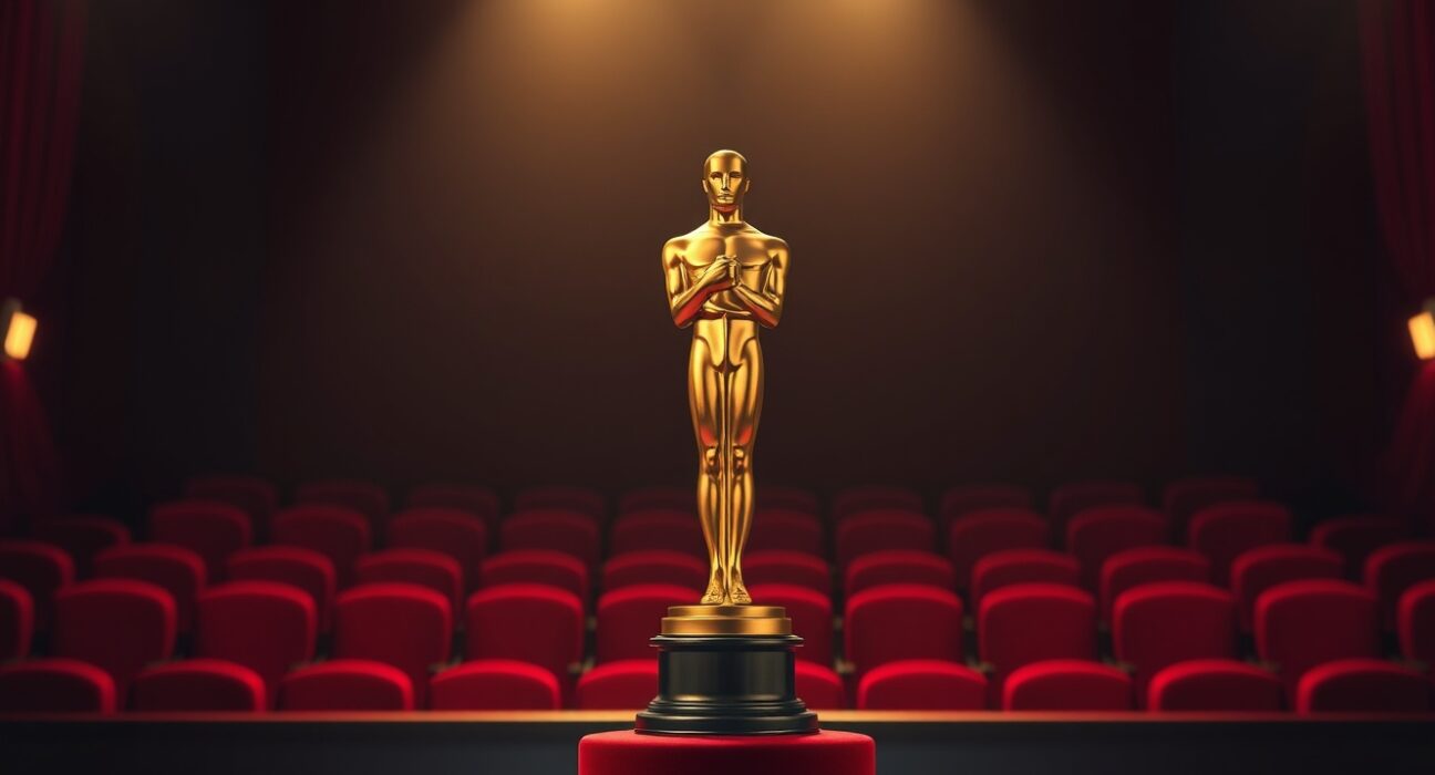 Oscar statuette with digital glitch effect representing AI-generated actors ineligible for Oscars under new Academy rules.